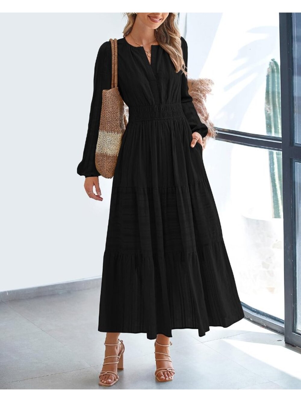 Women's Black V Neck Elastic Waist Long Sleeve Cocktail Bodycon Maxi Dress - Picture 2 of 6